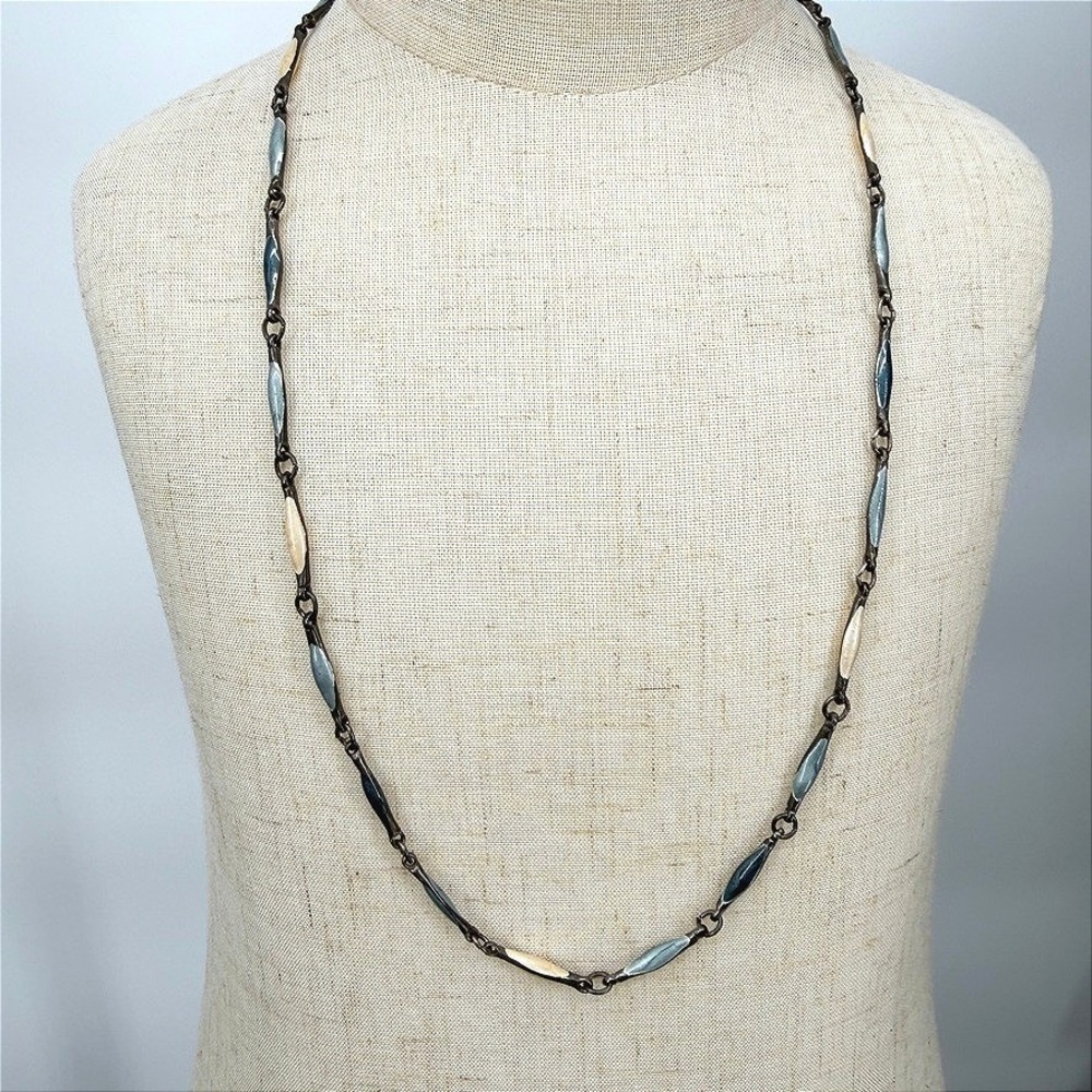 Marquise Bar Link VTG Necklace Wavy Chain Enamel Gunmetal Dainty Boho 24"